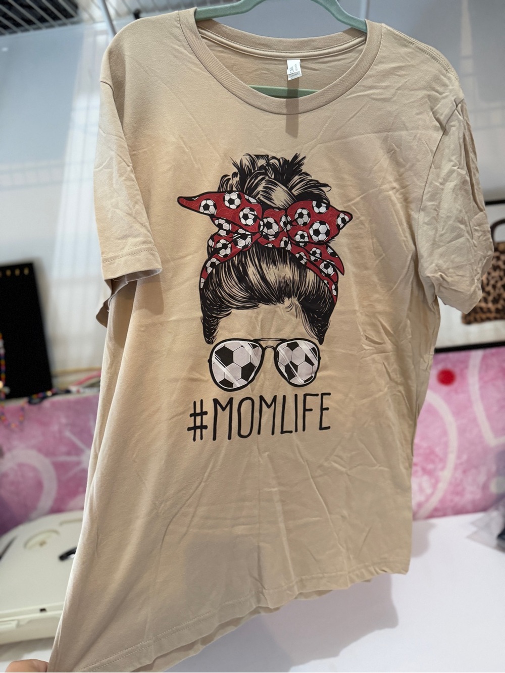 #MOMLIFE Short Sleeve Tee in Beige with Soccer Graphic